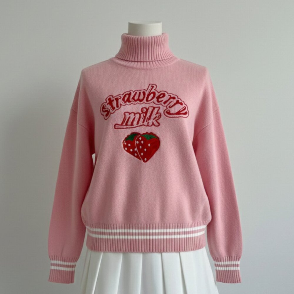 NEW Pink Strawberry Milk Knit Turtleneck Sweater